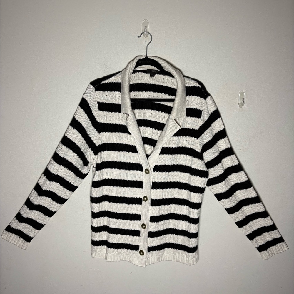 J. Jill Black and White Collared Striped Button Down Cardigan Size L